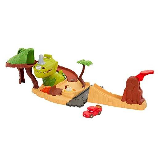 Cars Disney Cars On The Road La aventura del dinosaurio Pista para coches de juguete con 1 Rayo McQueen Dino, +3 años (Mattel HNL99)