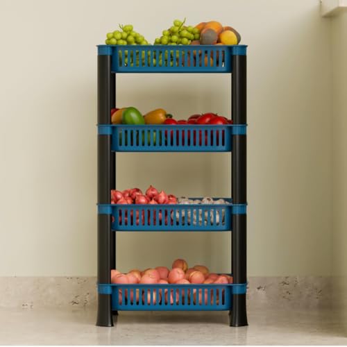 Image of Multipurpose Plastic Storage Rack for Kitchen | Foldable Vegetable & Fruit Organizer Stand for Onion, Potato, Sabji | Countertop Multi-Layer Basket Rack for Home, (Blue, 4 layer)