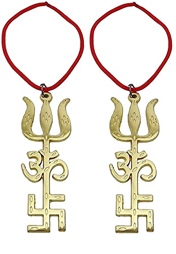 Billion Deals Golden Plated Hindu Religious Tri Shakti - Trishul OM Aum, Swastik Swastika - Metal Hanging Home Decor - (Pack of 2)