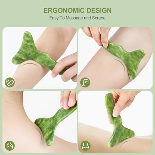 Image of Jade Stone Gua Sha Massage Tool Set Larger Guasha Board with Handle Muscle Scraping Massage Tools Facial Anti Cellulite Spa Acupuncture Tools for Back Neck Face Leg Massage, Lymphatic Drainage