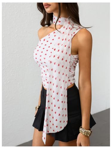 Image of RoseSeek Women's Y2K Leopard Polka Dots Halter Asymmetrical Neck Crop Tops | One Shoulder, Slim Fit, Sleeveless, Cheetah Print, Summer Tops, Scarf Tops, Party, Going Out Tops
