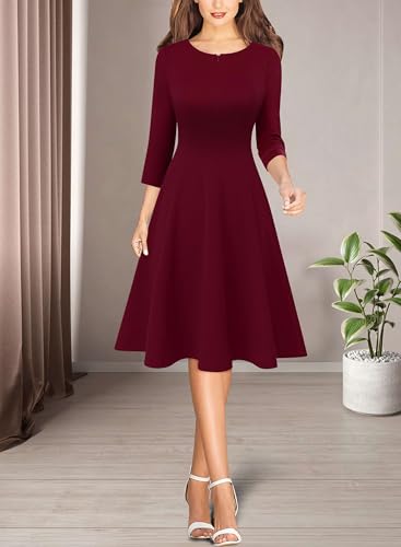Image of VFSHOW Womens Work Business Front Zipper A-Line Dresses 3 /4 Sleeve Office Church Fit and Flare Skater Swing Knee Length Dress