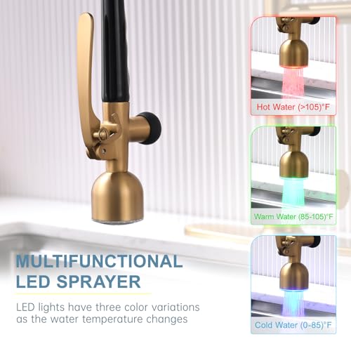 Image of GIMILI Gold Kitchen Faucet with LED Single Handle Kitchen Sink Faucet with Pull Down Sprayer Commercial Double-Headed Stainless Steel Kitchen Faucets Sink with Deck Plate