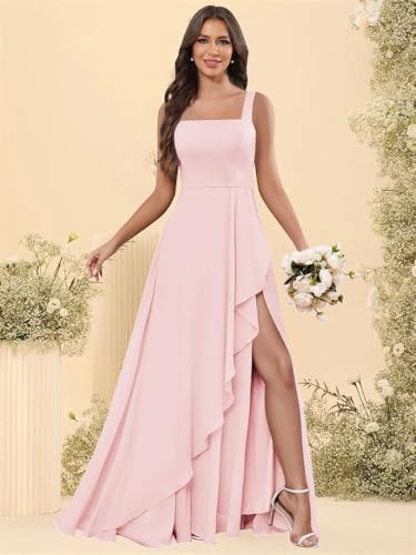 Square Neck Chiffon Bridesmaid Dresses with Slit Sleeveless Ruffle A Line Long Formal Evening Gowns4