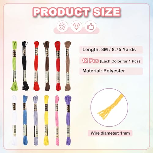 Image of PATIKIL 12 Skeins Embroidery Floss Polyester Embroidery Threads Bracelets String for Cross-Stitch Hand Embroidery, Multicolor
