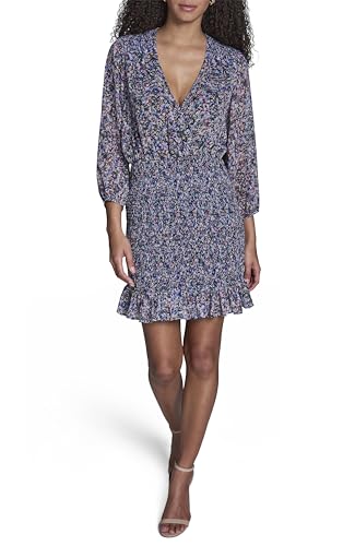 Image of BCBG Women's Long Sleeve V Neck Smocked Chiffon Ruffle Hem Mini Dress
