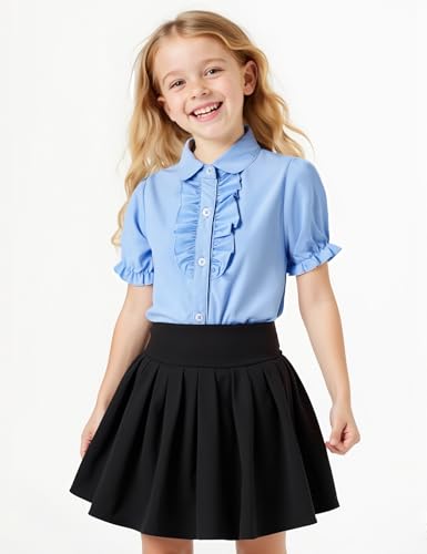 Image of Girls Short Sleeve Button Down Shirts Ruffle School Uniform Crop Tops Peter Pan Collar Plaid Blouse 4-13Y