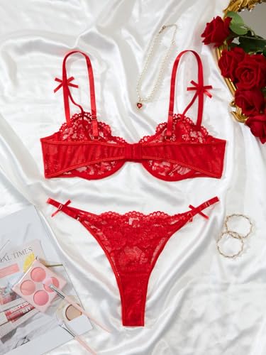 Image of Lilosy Sexy Underwire Cute Push Up Strappy Embroidered Mesh Sheer Lingerie Set See Through Panty Bra