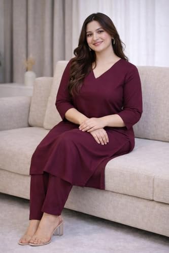 Image of Rayon Plain V Neck Kurta Pant Set for Women and Girls