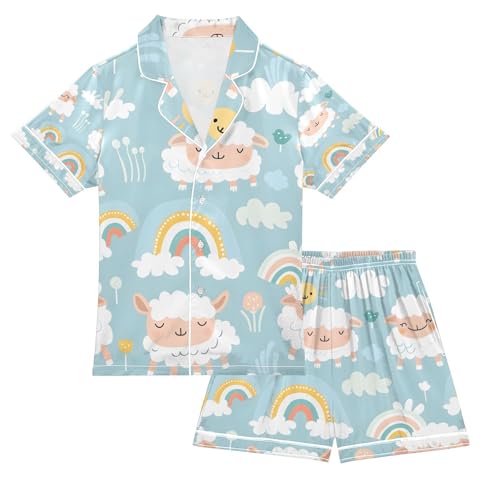 senya Cute Sheep and Rainbow Satin Summer Pajama Sets Silk Short Sleeve Button Down Sleepwear - Main Image