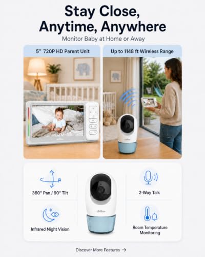 Image of CHILLAX Baby Monitor with Camera and Audio Video Baby Monitor No WiFi or WiFi Optional,2K QHD, 2‑Way Talk, Temperature Sensor, 1000ft Range, 5 inch Screen, Pan‑Tilt‑Zoom, Night Light, Sleep Trainer,