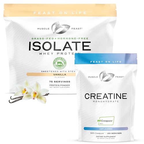 Muscle Feast Bundle – Creapure Creatine Monohydrate Powder Unflavored 500g (1 Unit) + Grass-Fed Whey Protein Isolate Vanilla 5lb (1 Unit), All Natural Hormone-F