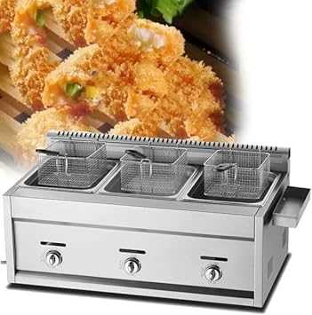 UMJIGF Doublecylinder9L+9L Commercial Countertop LPG Gas Deep Fat Fryer - Stainless Steel with Basket and Lid for French Fries,Triplecylinder9l+9l+9l