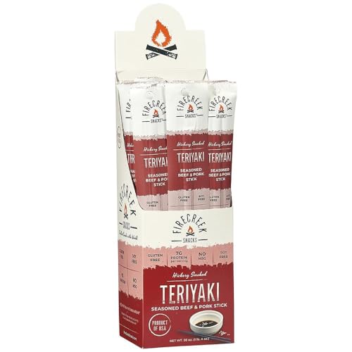 Beef Sticks by FireCreek Snacks, Hickory Smoked Meat Sticks (Jerky Sticks), Teriyaki, 20 Pack (1 oz), 7g Protein, 100 Calories, Gluten Free, Soy Free, No MSG