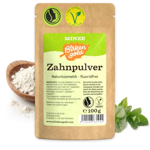 Birkengold Zahnpulver Minze 100 g Nachfüllbeutel | Natürliches Zahnputzpulver mit Xylit ohne Fluorid | Veganes Zahnreinigungspulver für Kariesprophylaxe & Zahnschmelzschutz | Plastikfrei & Nachhaltig