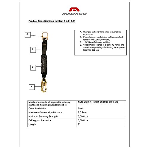 Image of Madaco Roof Construction Fall Protection Heavy Duty Industrial Safety Internal Shock Absorbing Pack 2FT Snap Hook Lanyard ANSI OSHA L-613-01