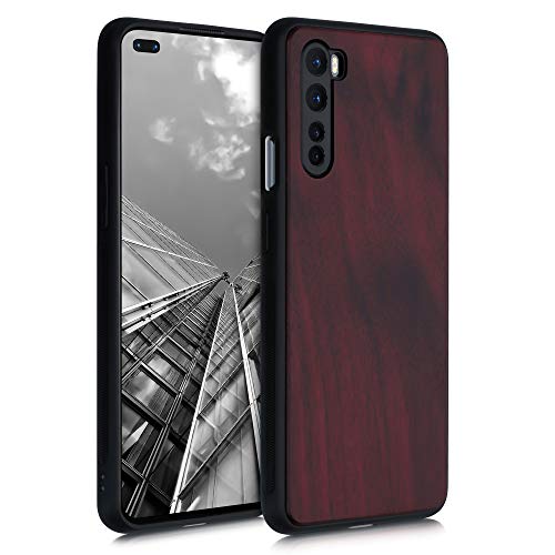 kwmobile Custodia Compatibile con OnePlus Nord Cover - Protezione in Legno per Smartphone - Back Case con Bumper in Silicone TPU - Rosso Scuro