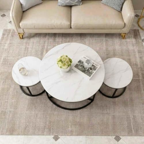 Image of 3 Piece Living Room Table Set, 1 Center Table and 2 End Nesting Tables NO-Tools Assembly Round Stacking Coffee Side Tables for Small Spaces, Nightstand Bedside Table White and Black