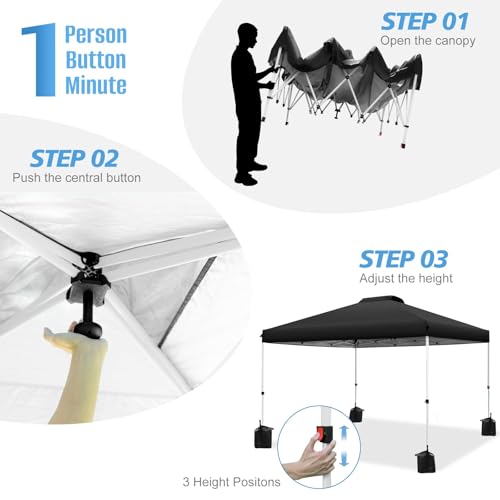 WEIZE 10x10 pop up Canopy Tent, One-Button Push Setup, Adjustable Height pop up Gazebo, Instant Portable Shelter, 4 Weight Bags, Sun Shade for Events & Camping, Silver Coated Top, Black