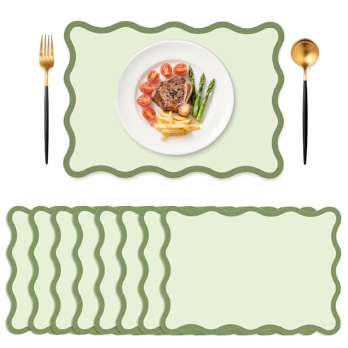 Whaline 50 Pcs Sage Green Paper Placemats Scalloped Disposable Place Mat Decorative Paper Table Mats for Birthday Spring Baby Shower Party Table Setting 10 x 14 Inch