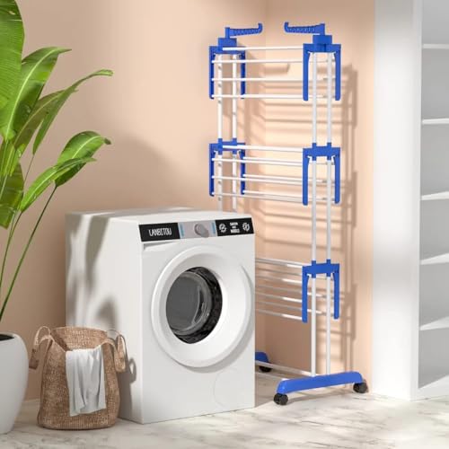 Image of 3-Tier Metal Clothes Drying Stand with 360 Rotating Wheels, Foldable Hanger Stand for Indoor and Outdoor Use, Blue