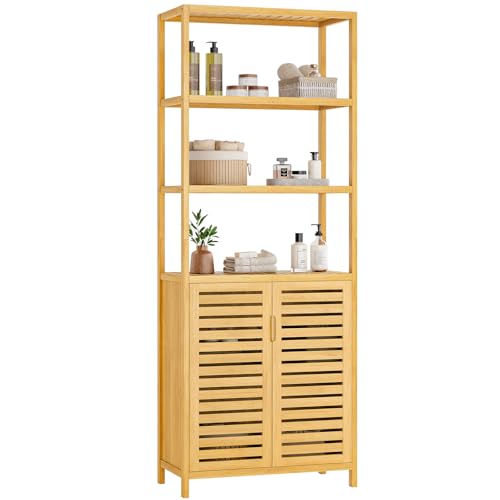 VIAGDO Armoire Haute en Bambou avec 3 Compartiments Ouverts et Armoire, Armoire d'appoint Haute,pour Salle de Bain, Couloir, Cuisine, Salon, 64 x 33 x 170 cm