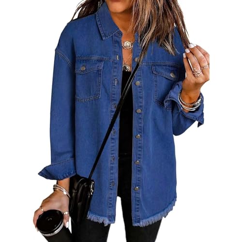 Oversized Denim Jacket for Women Trendy Boyfriend Button Down Frayed Hem Jean Jackets Lightweight Shirt Fall Outfits