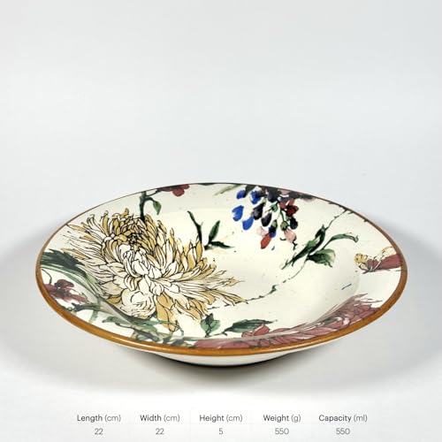Image of SNS Botanical Bloom Decal Ceramic Serving Bowl | Premium Salad & Snacks Bowl | Semi-Matt Floral Dinnerware for Oats Pasta Fruits & Desserts | Tableware for Gifting (Guldaudi Canvas Pasta Bowl)
