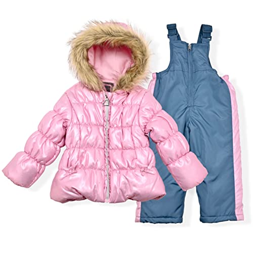 Arctic Quest Girls Metallic Foil 2 Piece Snowsuit with Puffer Jacket and Snow Bib, Pink Foil, 6X