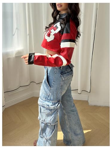 Verdusa Women's Motorcycle Color Block Bomber Jacket Zip Up Button Crop Leather Outerwear3