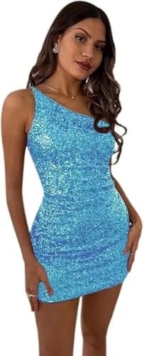 Image of Women's Bodycon Homecoming Dress for Juniors Sequin One Shoulder Backless Mini Cocktail Party Dress