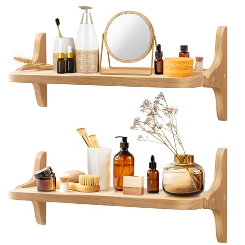 omedecal Etagere Murale, Étagère Murale Cuisine Salle de Bain Bois de Pin 60cm Lot de 2, Idéales pour Salon, Chambre à Coucher, Chambre - Naturel