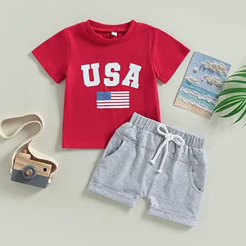 Duanyozu Baby Boy 4Th Of July Outfit Usa Letter Print Short Sleeve Tshirt Top Casual Shorts Set Patriotic Summer Clothes (Usa Flag-Red,2-3T) #TOP6