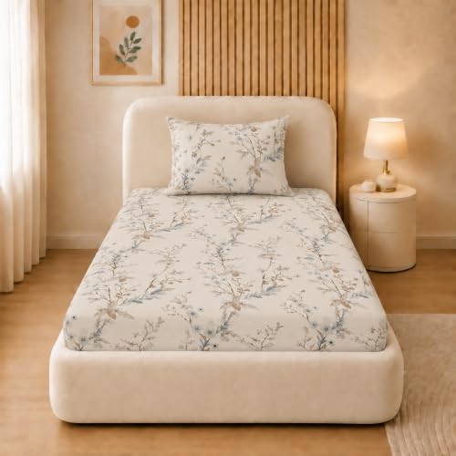 Image of VOMZER Single Size (36x72) 300 TC Soft Cotton Feel Microfiber All Around Elastic Fitted Single Bedsheet with 1 Pillow Cover | Ivory Blue Flower
