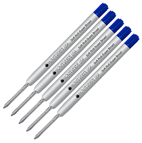 5 Pack, Monteverde Ballpoint Refills Compatible With Parker Ballpoint Pens, Super Broad Point, Soft Roll, (BULK PACKED) (Blue)