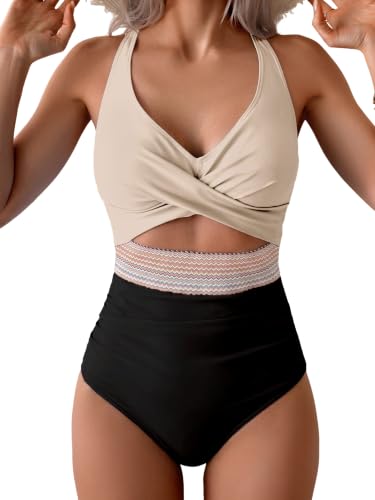 Image of B2prity Women's One Piece Swimsuit Tummy Control High Waisted Bathing Suit | Color Block,Removable Soft Cups,Cutout,V neck,Full Coverage,Adjustable Criss Cross Straps,Tie Back
