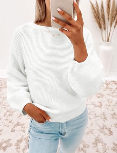 Image of ZESICA Women's Crew Neck Long Lantern Sleeve Fall 2026 Casual Loose Ribbed Knit Solid Soft Pullover Sweater Tops