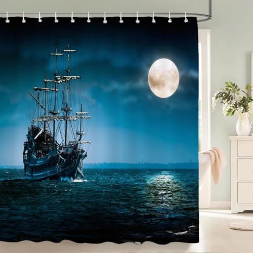Rideau de douche 85x150cm polyester bateau pirate avec 12 crochets inclus