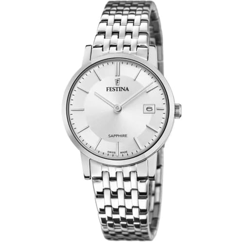 Festina Swiss Made Damen Armbanduhr Edelstahl 316L Silber - Quarzwerk - Saphirglas Resistent - Wasserdicht bis 5 ATM - Kalender F20019/1 - Classic Steel