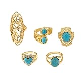 5 Pieces Turquoise Stackable Finger Rings Set for Women Men Boho Chunky Stone Western Heart Flower Oval Gemstone Knuckle Midi Ring Vintage Statement Bohemian Party Daily Friendship Jewelry Size 8