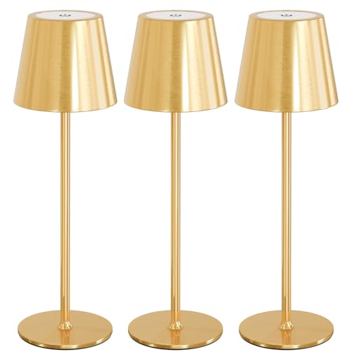 uuffoo 3 Pack Cordless Table Lamp Rechargeable 5000mAH Battery Operated Lights Touch Control LED Portable Desk Lamps 3 Color Dimming for Outdoor Coffee Bedroom Kitchen (Gold)