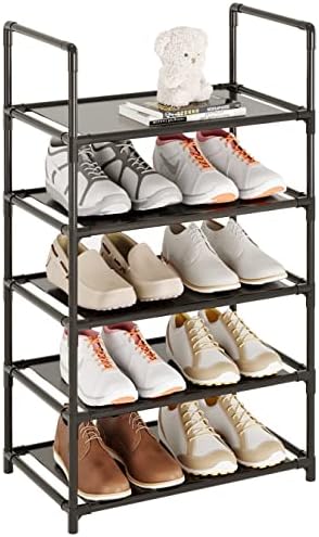 Vockot 5 Tier Stackable Small Shoe Rack，Narrow Sturdy Shoe Shelf Organizer, Non-Woven Fabric Metal Free Standing Shoe Racks for Entryway, Doorway and Closet（Black）