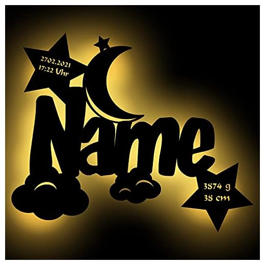 Namofactur® - Led Holz Nachtlicht Wolken-Mond Name und Datum individuell personalisiert, Taufgeschenk Geschenk zur Geburt Taufe Kommunion Paten-Kind Mädchen Jungen