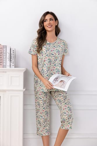 Image of PNAEONG Women Pajama Set Sleepwear Tops with Capri Pants Casual and Fun Prints Pajama Sets
