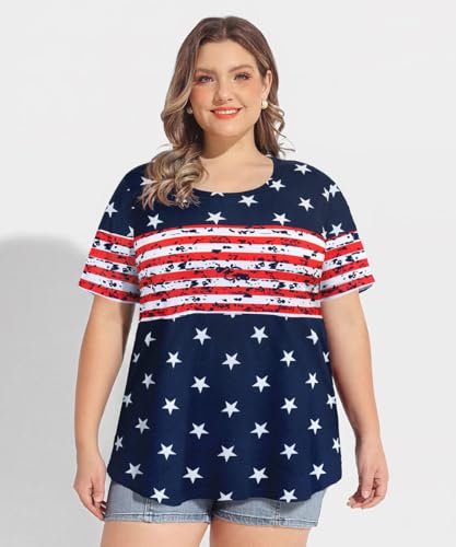 Image of CARCOS Plus Size Tops for Women Short Sleeve Summer Pullover Color Block Crewneck /V Neck Tee Tunic Loose Fit Tshirts XL-5XL