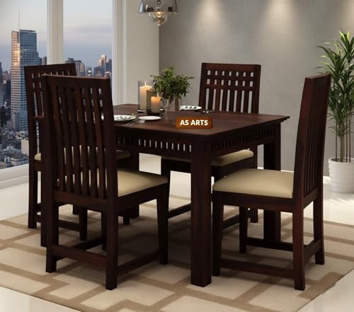 Image of AS Arts Wooden Dining Table Set of 4 with Cushioned Chairs | Sheesham Wood Four Seater Dining Table for Restaurant | Dining Room Set (Walnut Finish)