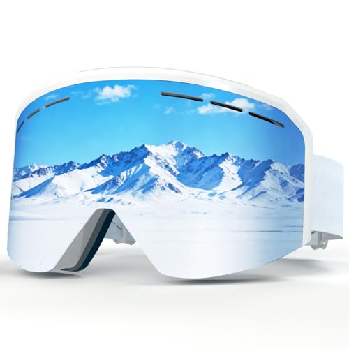 VCOROS Ski/Snowboard Goggles Men Women Anti Fog OTG Snow Goggles Skating Skiing Snowmobile Removable Cylindrical lenses(White Frame Silver Lens)