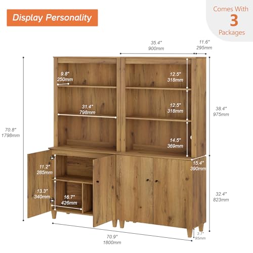 Image of WAMPAT 71 inch Tall Bookcase with Doors & Storage Cabinet, 2 Column Modern 5-Tier Bookshelf with Adjustable Shelf, 71 inch Wide Wooden Display Book Shelf for Home Office, Living Room, Bedroom, Oak Brown