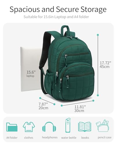 Image of Bookbag for Women, Teen Girls Backpack for High School College Student, Puffer Quilted Back Pack Cute Laptop Backpack for Work Travel Mom Casual Daypack, Dark Green