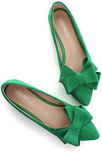 SAILING LU Bow-Knot Ballet Flats Womens Pointy Toe Flat Shoes Suede Dress Shoes Wear to Work Slip On Moccasins Spring Green Size 10